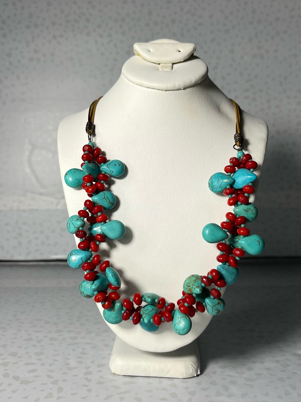 Vintage Chunky Artisan Turquoise & Red Bead Flower Necklace